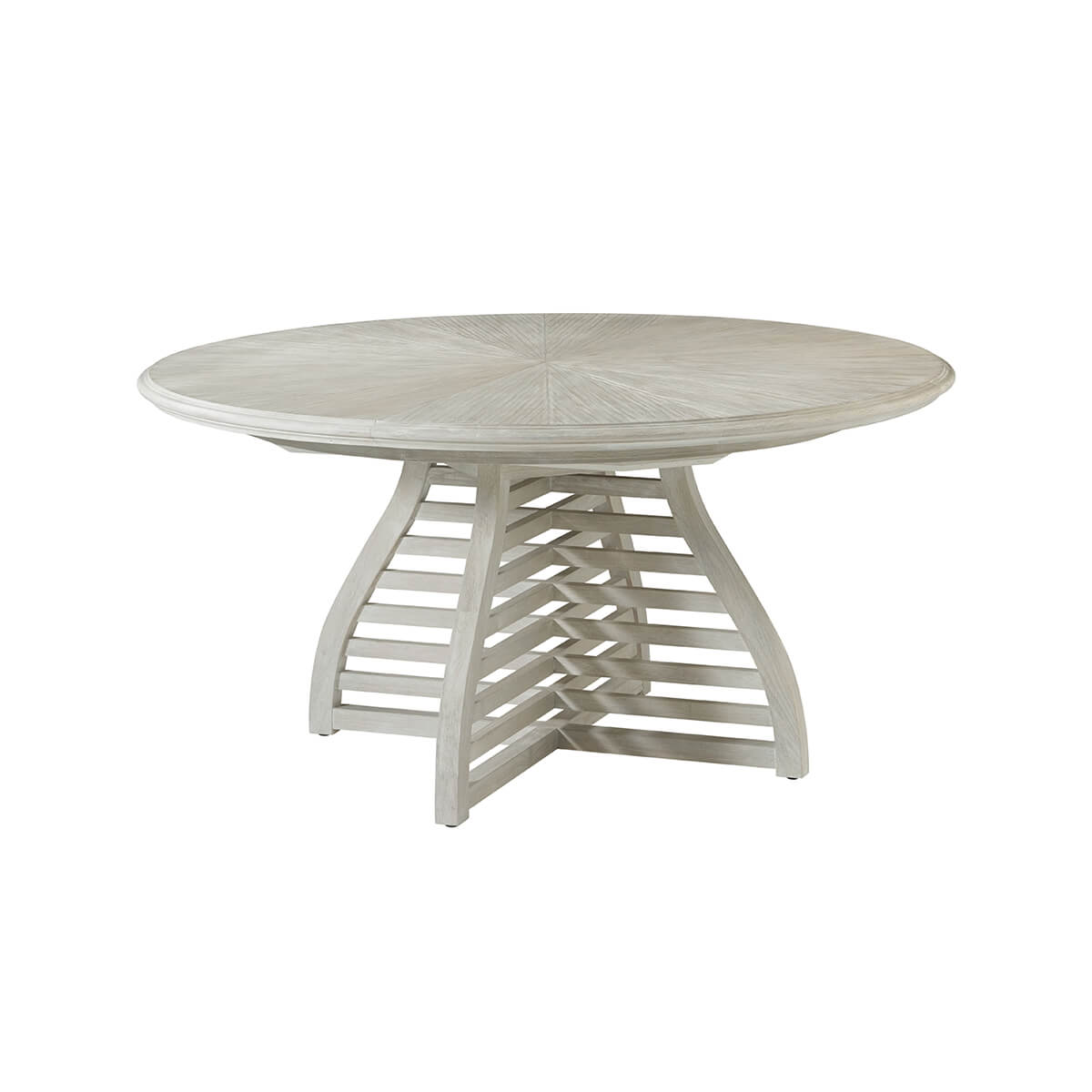 Round dining table, minimalist design, side perspective.