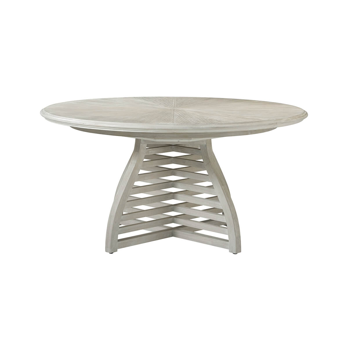 Round table with unique base design, side angle.