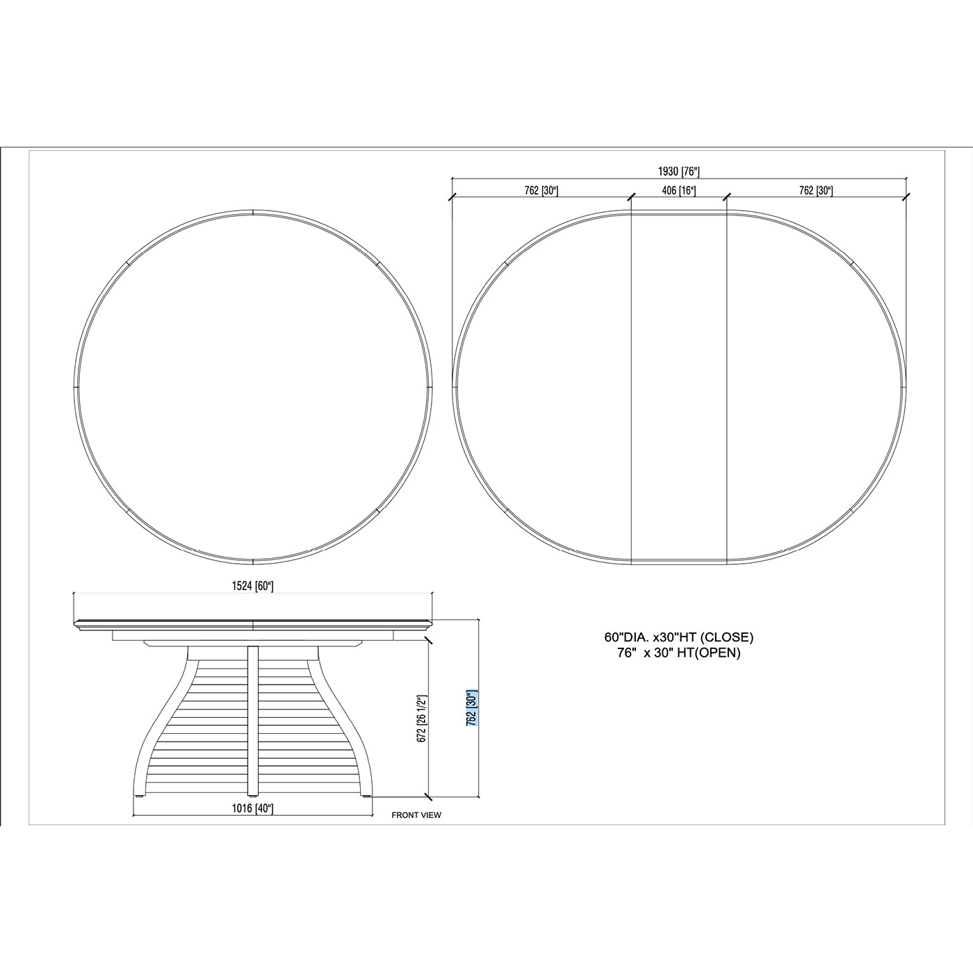 Dimensioned drawing of round extending dining table.