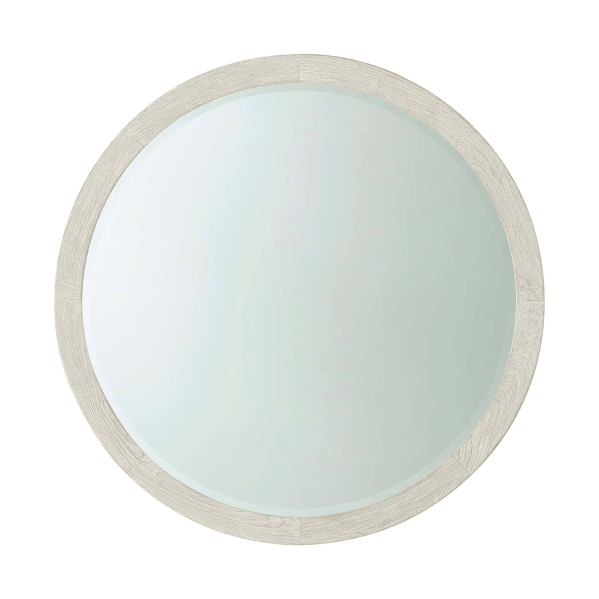 Round mirror with wood frame, modern coastal design.