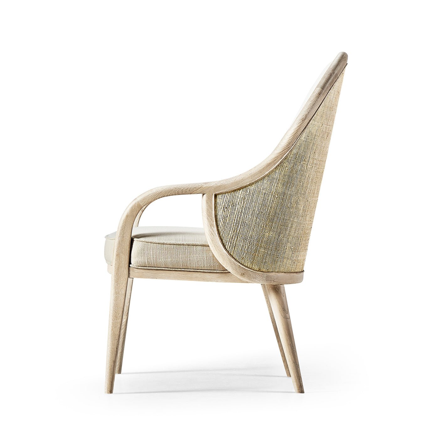 Side profile of upholstered dining chair arm and backrest.