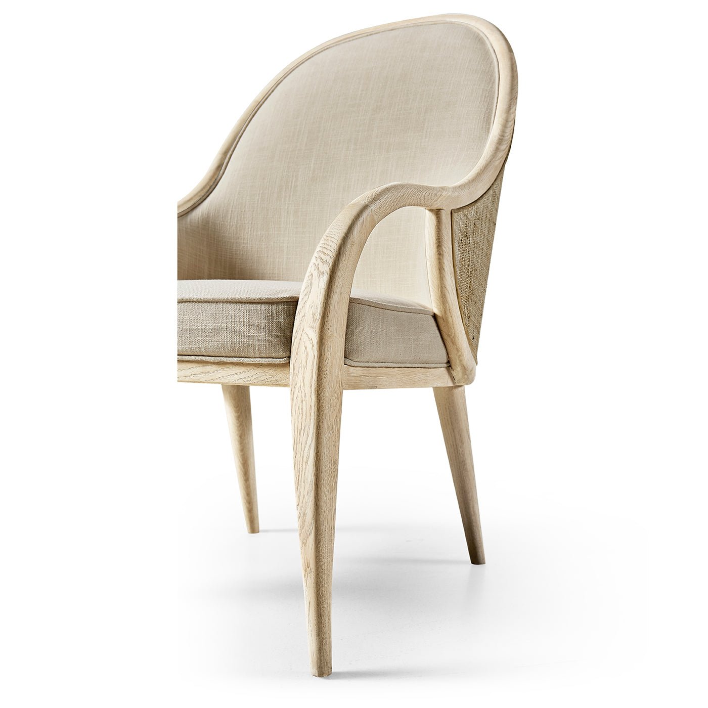 Angle view emphasizing chair's elegant armrest curve.