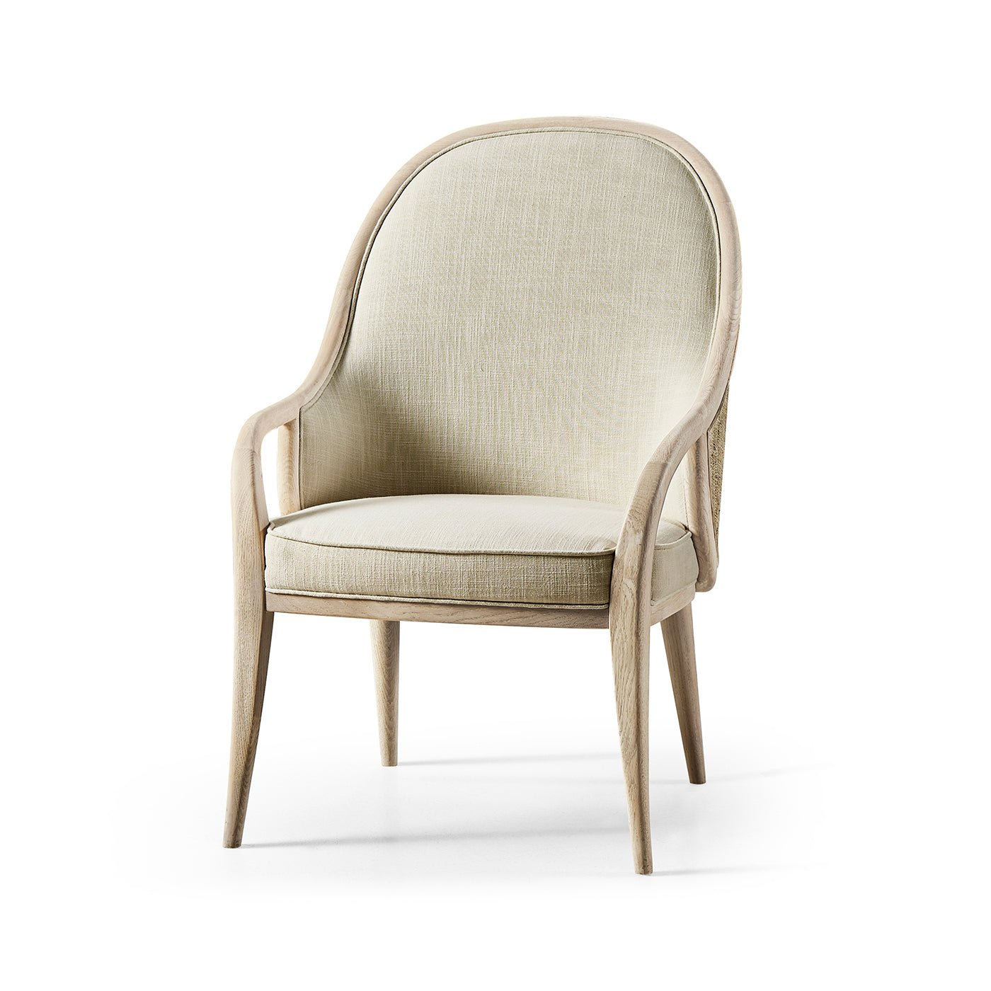 Front view of modern coastal upholstered dining armchair.
