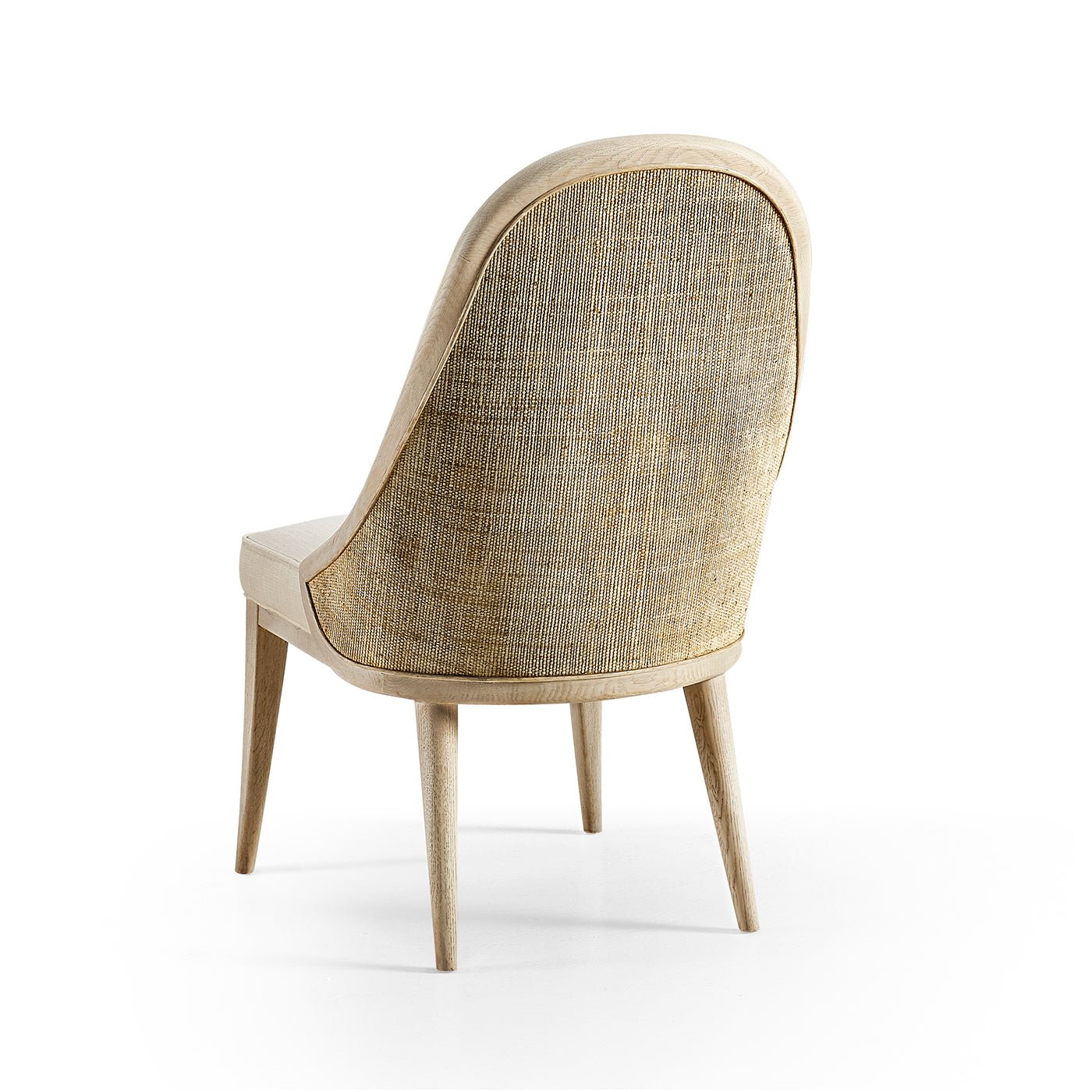 Back view modern coastal upholstered dining chair.