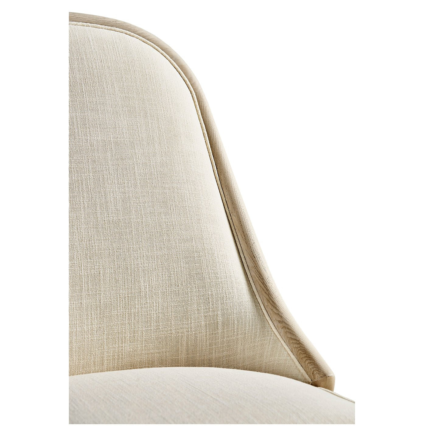 Close-up back detail modern coastal upholstered dining chair.