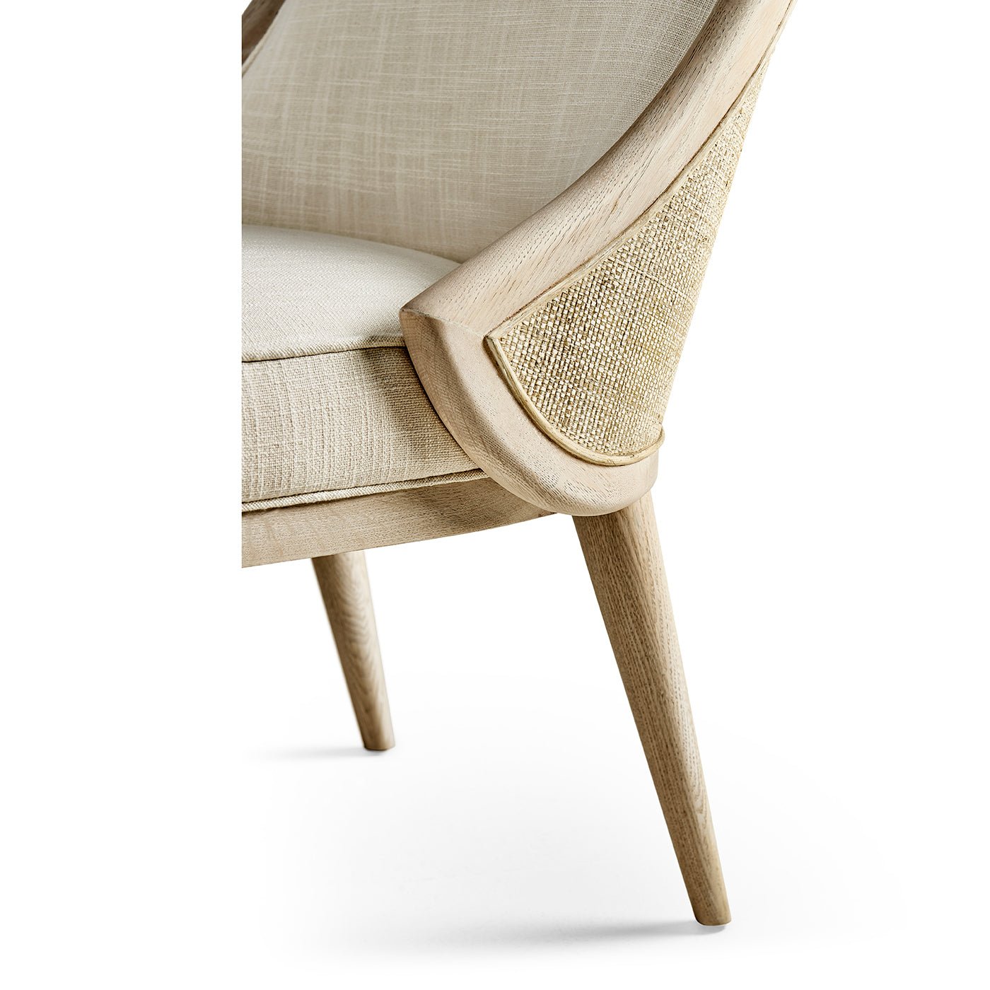 Side arm detail modern coastal upholstered dining chair.