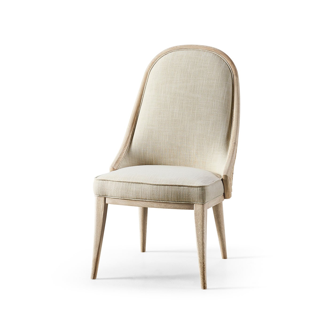 Angled view modern coastal upholstered dining chair.