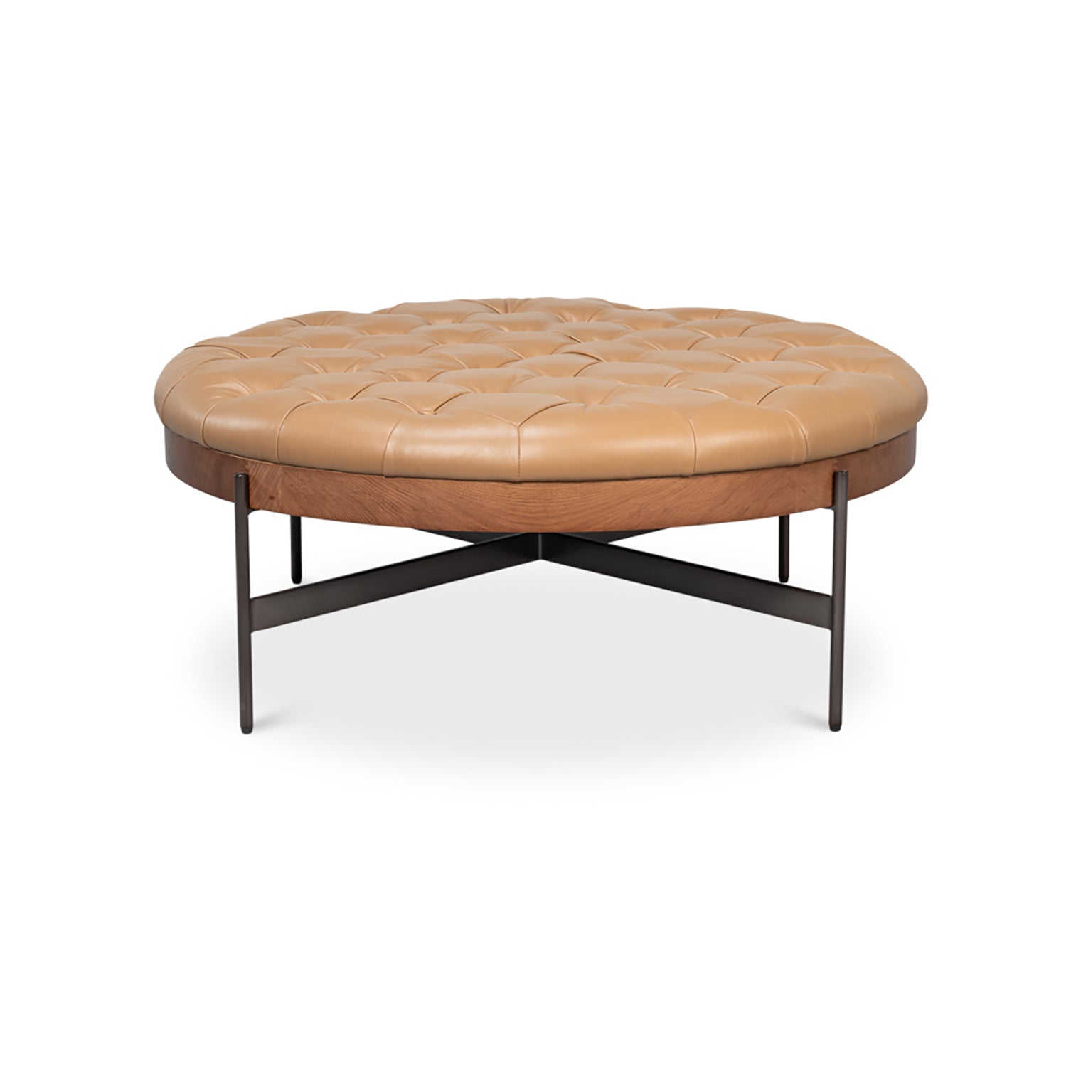 Round caramel leather ottoman front view.