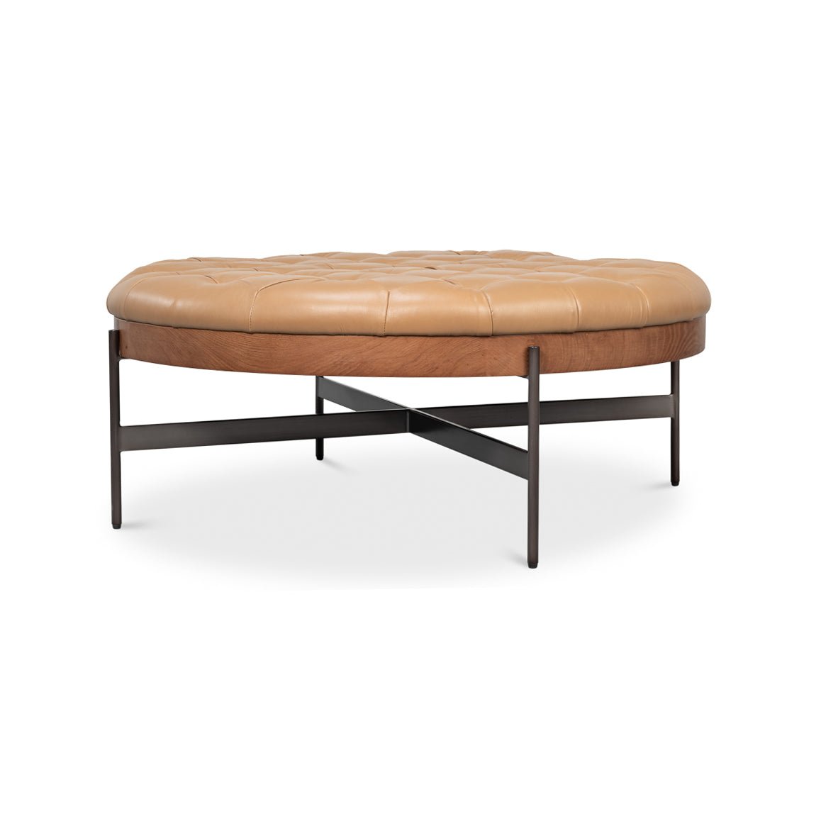Side view of ottoman emphasizing geometric base.