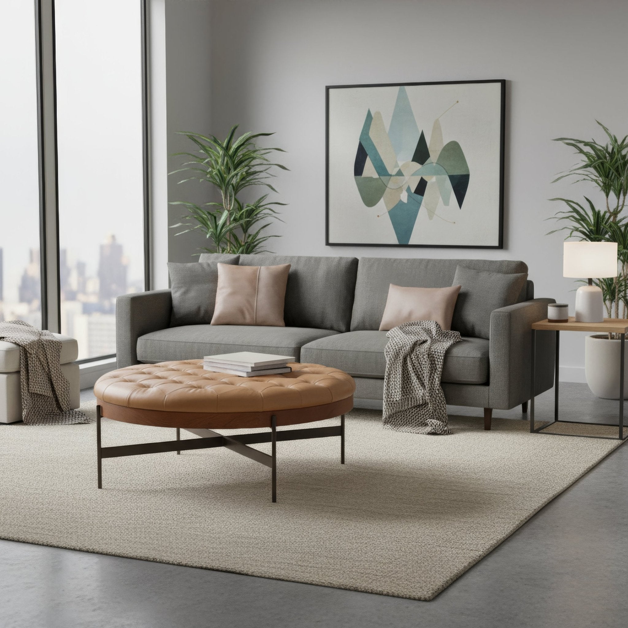Caramel ottoman in modern living room setting.