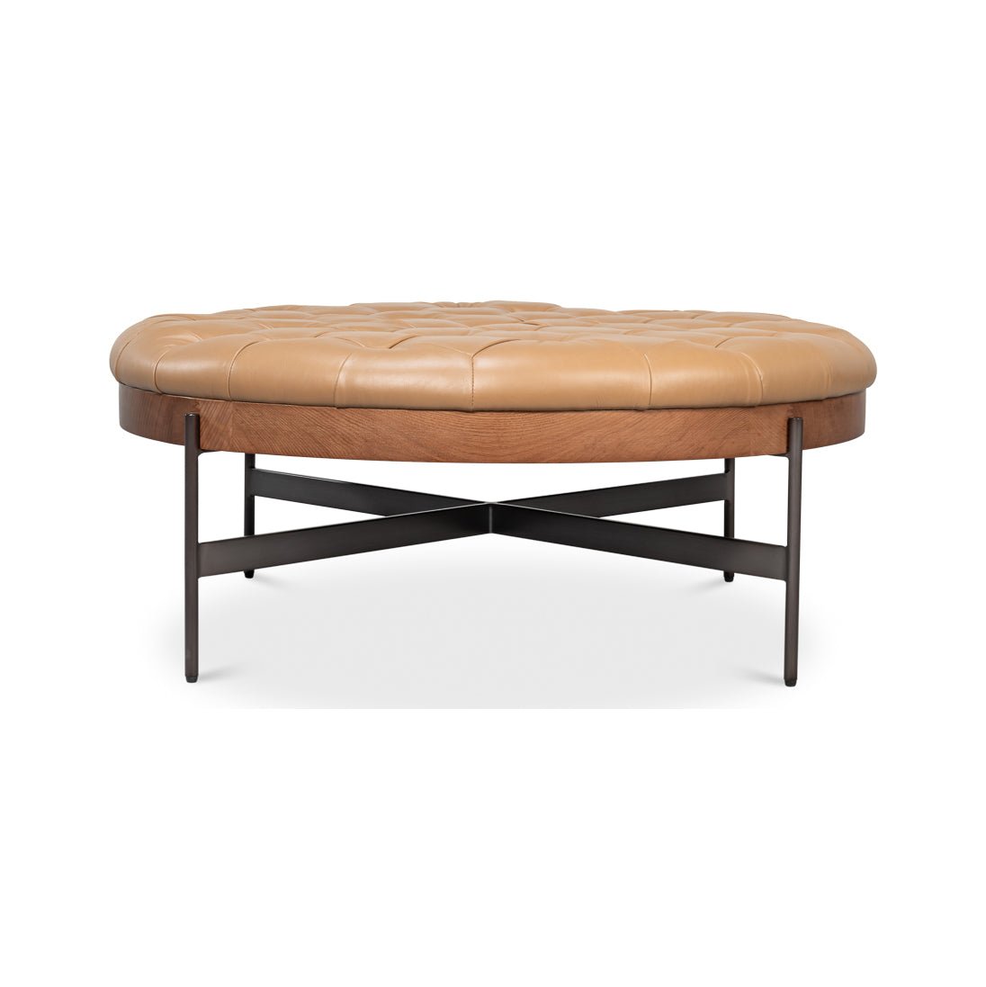 Wide front view of caramel ottoman design.
