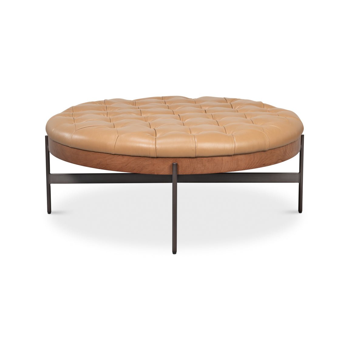 Round ottoman with cross metal base.