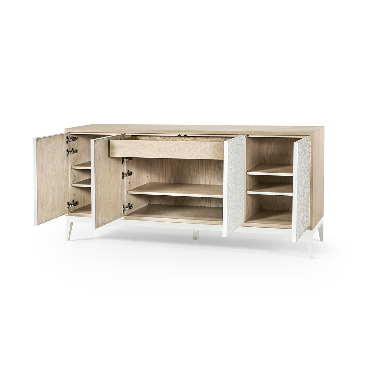 Open view of sideboard's interior compartments and shelves.