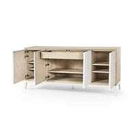 Open view of sideboard's interior compartments and shelves.