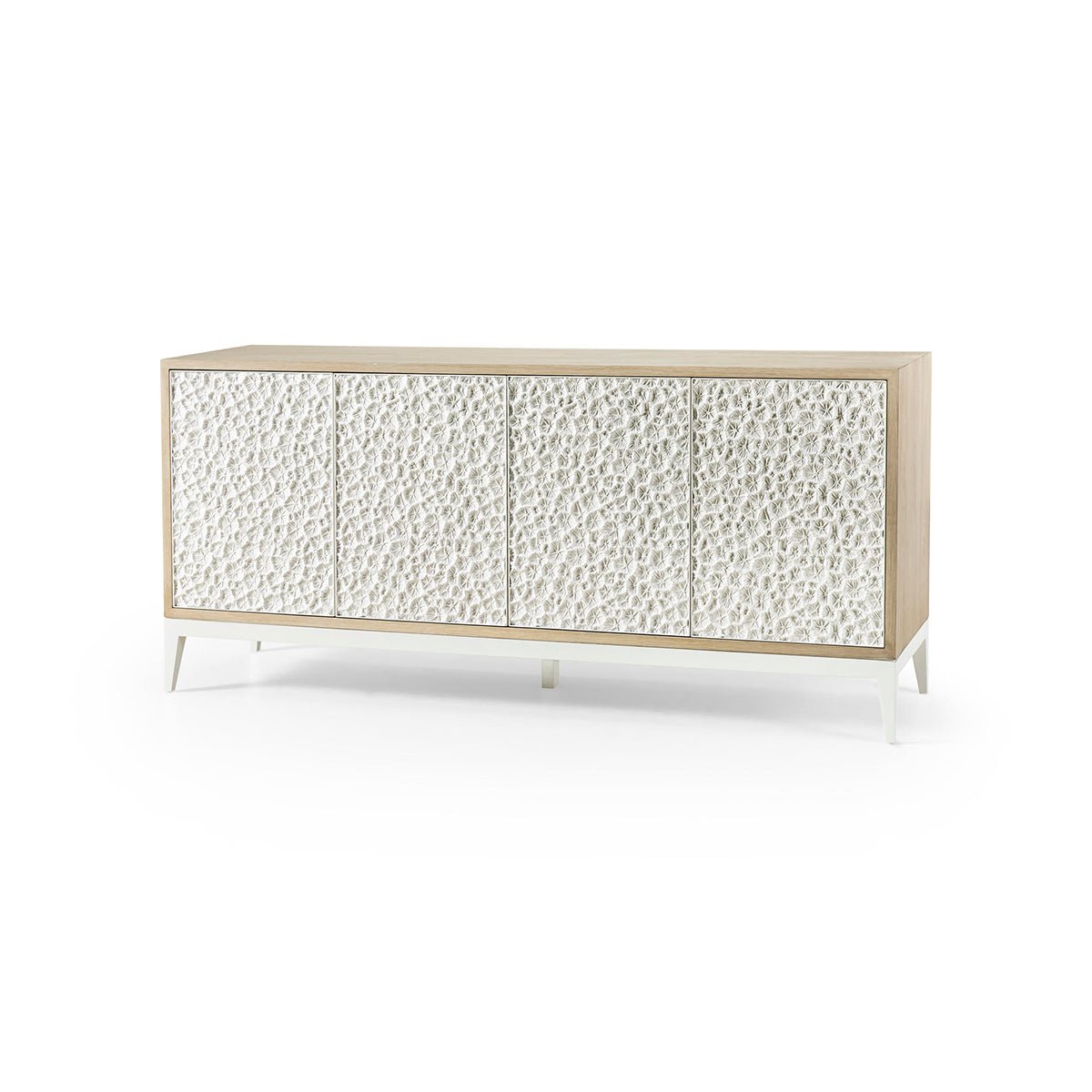 Angled view of modern sideboard with textured doors.