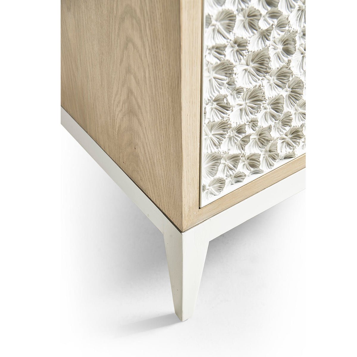 Bottom corner detail of modern sideboard's design.
