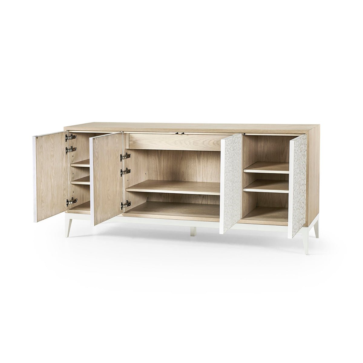 Open sideboard showing interior shelves and drawers.