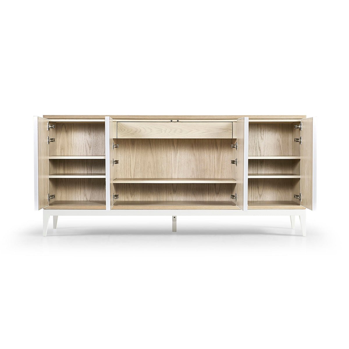 Interior view of modern sideboard with open doors.