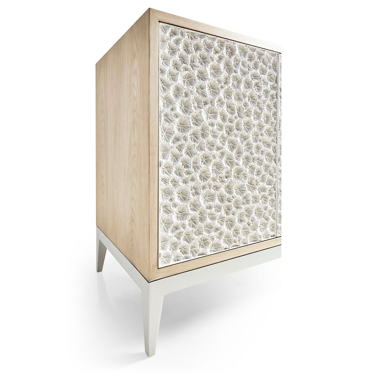 Side perspective of modern sideboard with textured door.