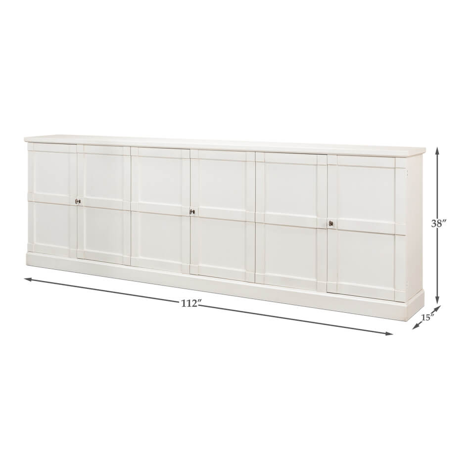 Dimensions of modern country white painted sideboard shown.