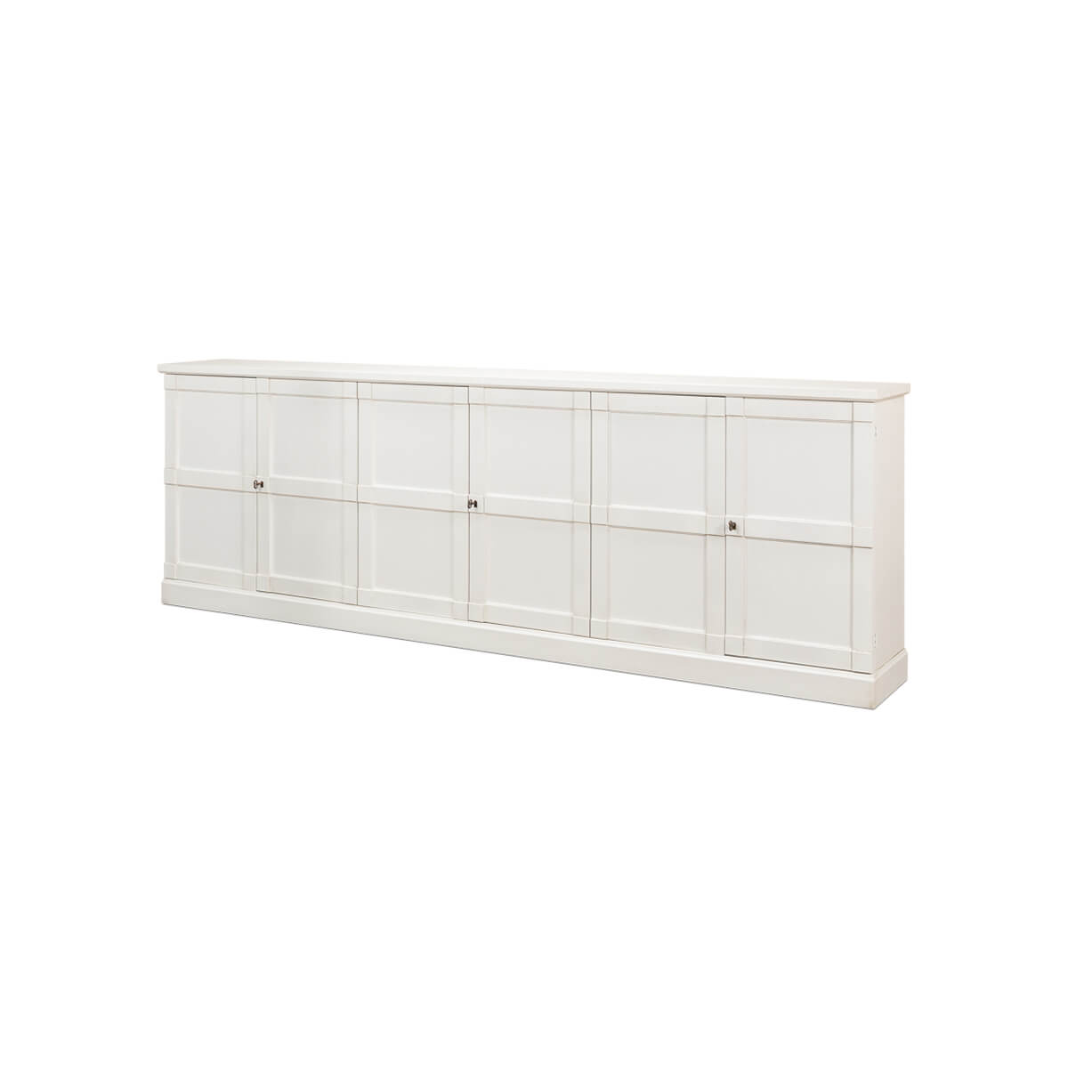 Long view of white painted sideboard, front perspective.