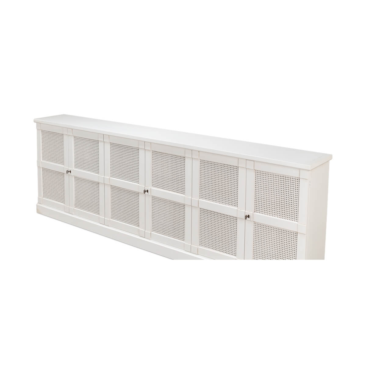 Angled top view white sideboard, lattice detailing.