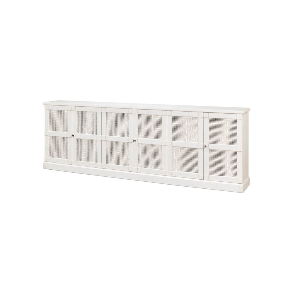 White sideboard angled view, lattice doors closed.