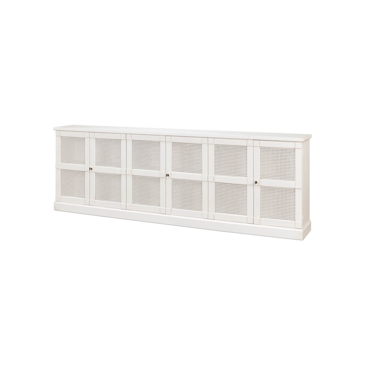 White sideboard angled view, lattice doors closed.