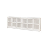 White sideboard angled view, lattice doors closed.