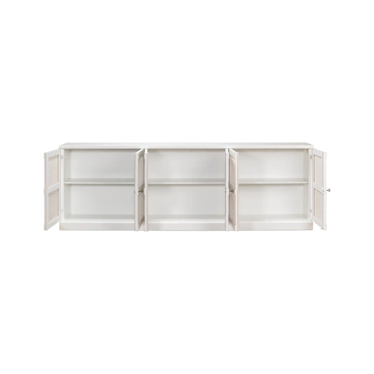 White sideboard open doors, internal shelves visible.