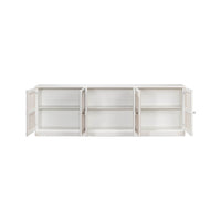 White sideboard open doors, internal shelves visible.