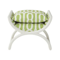 Front view of green modern curule stool, cushion visible.