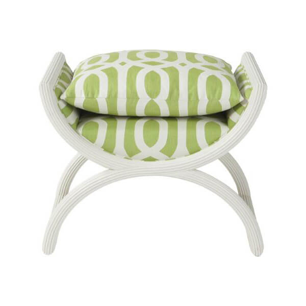 Front view of green modern curule stool, cushion visible.