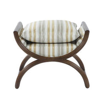 Front view of striped modern curule stool, cushion visible.