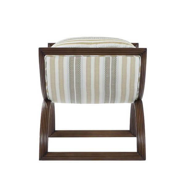 Back view of striped modern curule stool, cushion visible.