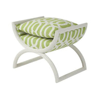 Green patterned modern curule stool, side view with cushion.
