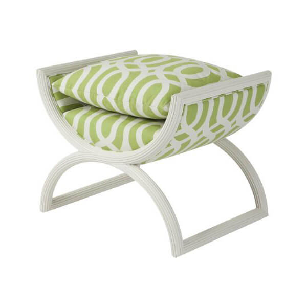Green patterned modern curule stool, side view with cushion.