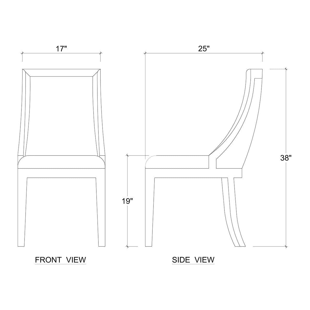 Dimensions of modern dining chair, front and side diagrams.
