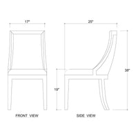 Dimensions of modern dining chair, front and side diagrams.