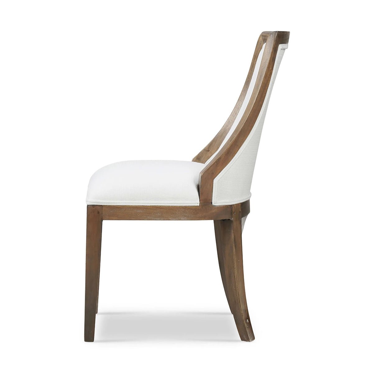 Modern dining chair, side view showing curvature.