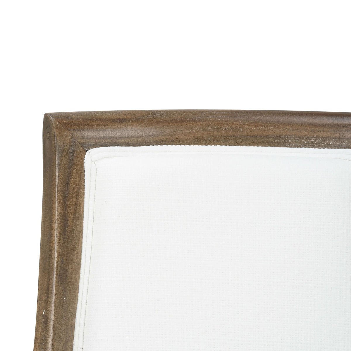 Close-up of dining chair back detailing, wooden frame.