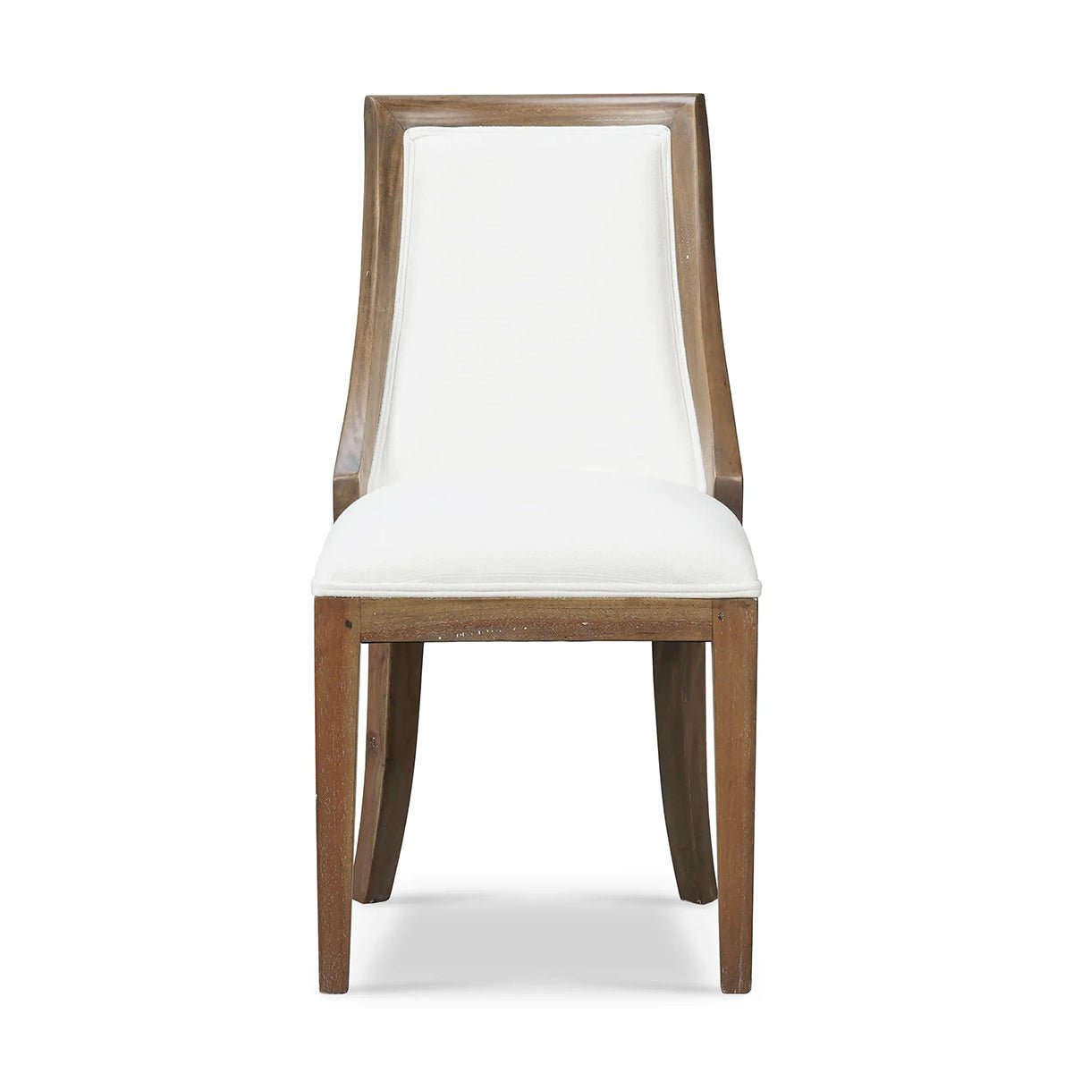Modern dining chair, front view highlighting design.