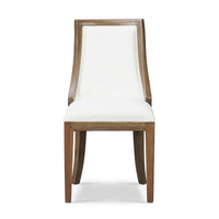 Modern dining chair, front view highlighting design.