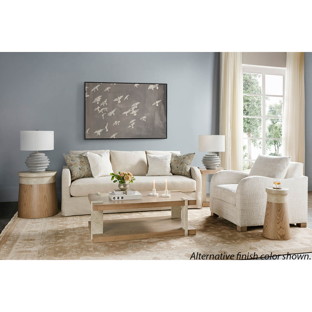 Living room with cylinder end tables, alternative finish shown.