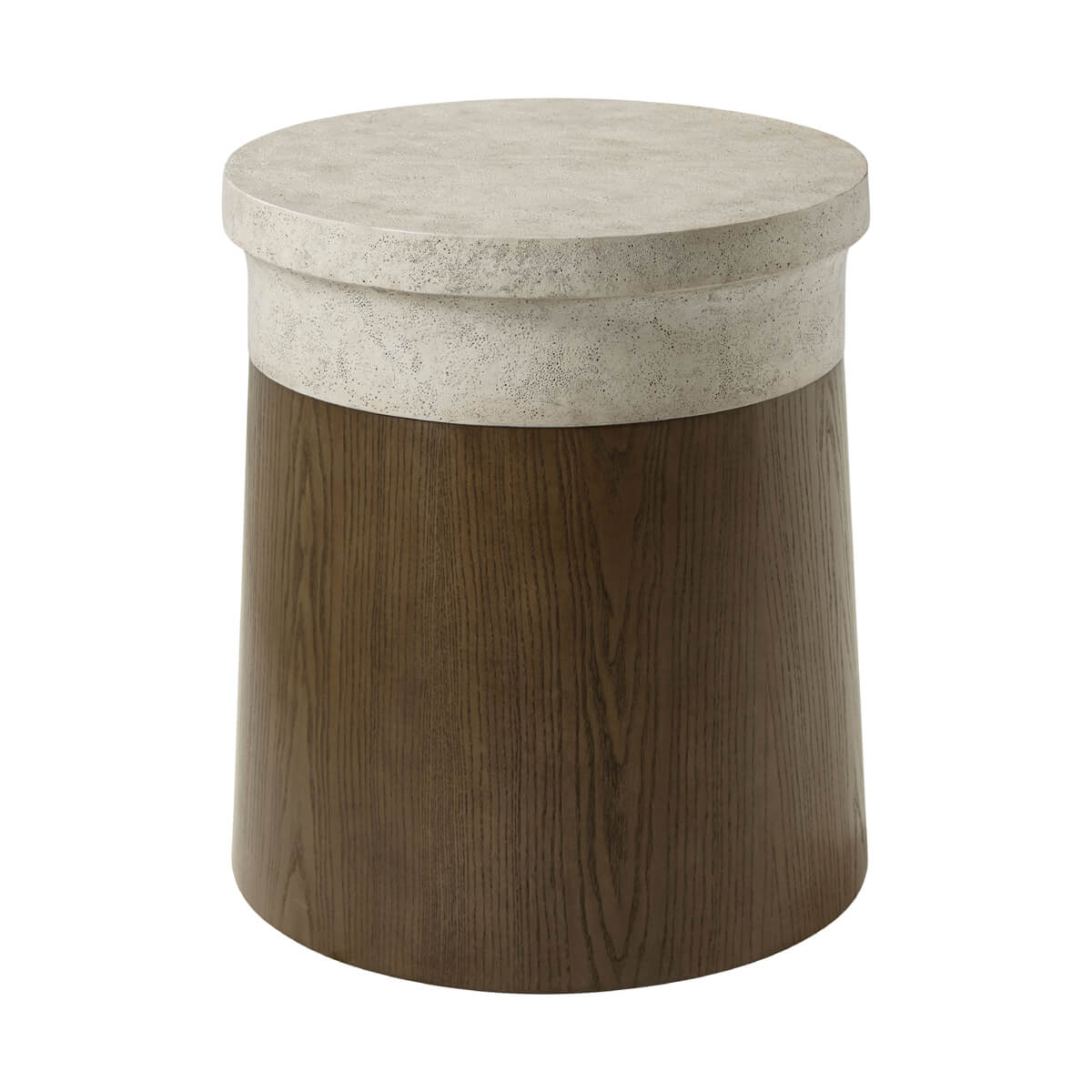 Dark wood cylinder end table with stone top, angled view.