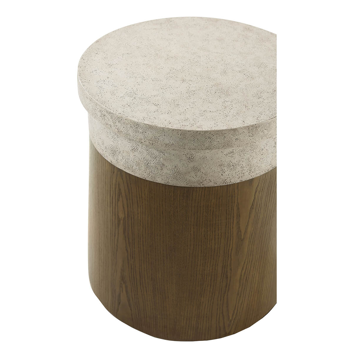 Close-up side view of cylinder end table, stone top.