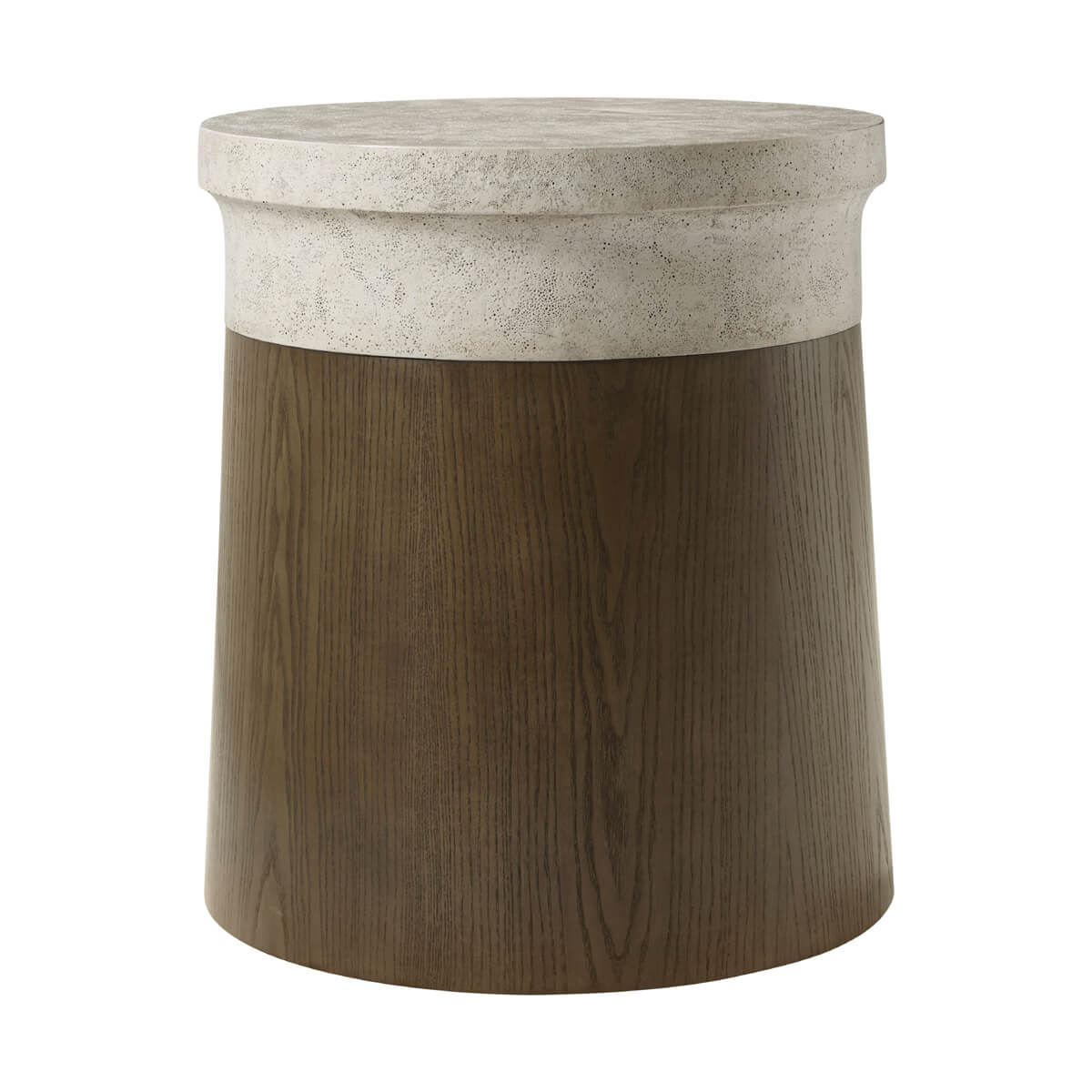 Angled front view of cylinder end table, wood and stone.