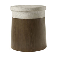 Angled front view of cylinder end table, wood and stone.