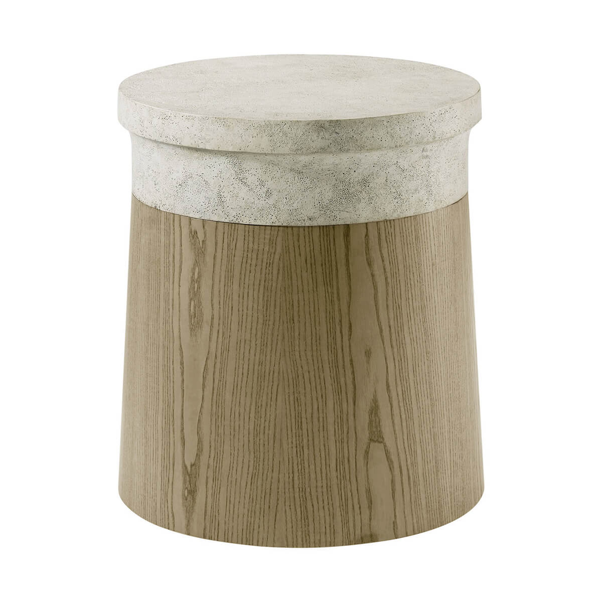 Modern cylinder end table, light wood and stone finish.