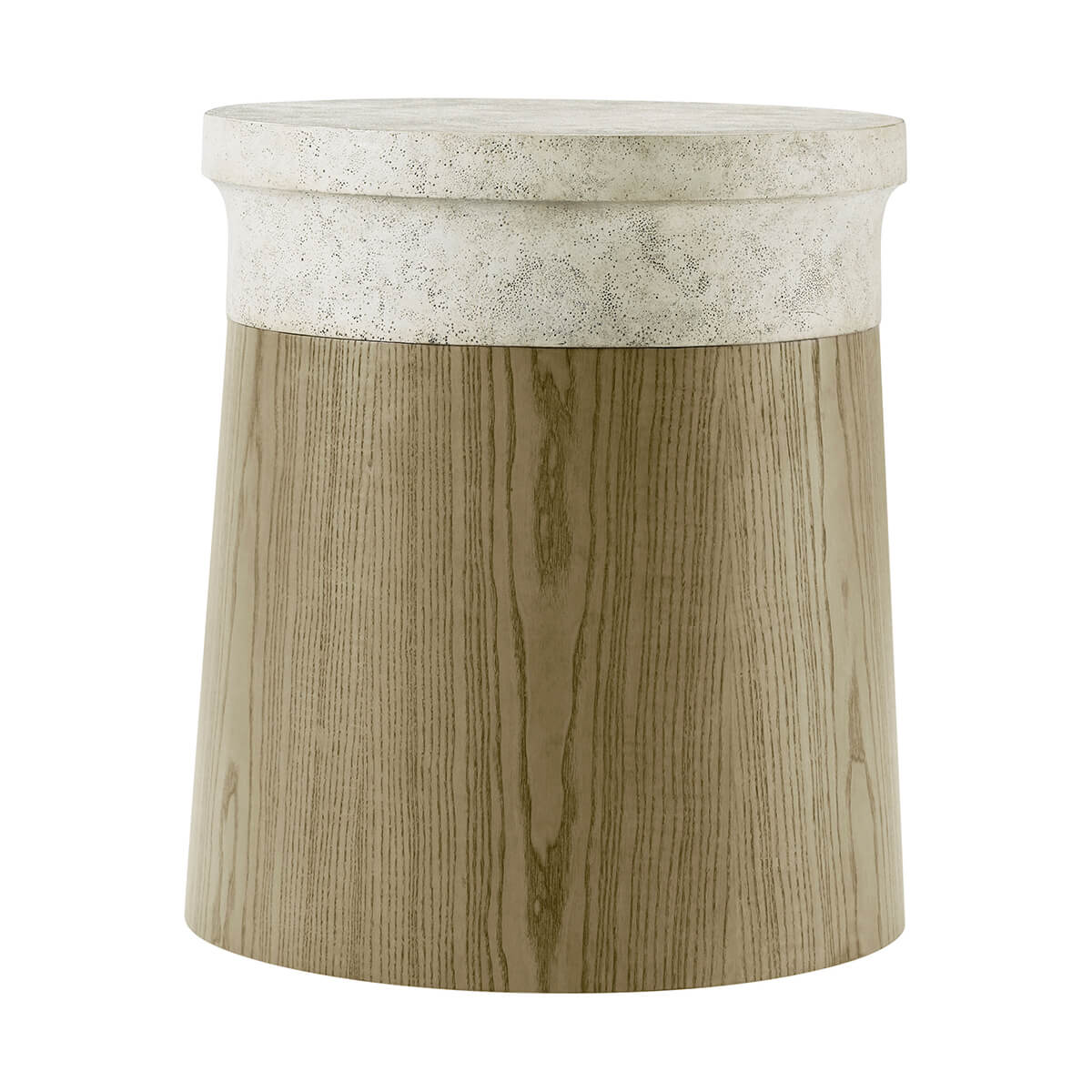 Side view of modern end table, wood and stone.